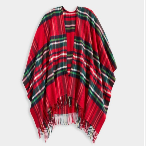 Vineyard Vines Red Tartan Plaid Fringed Woven Wool Wrap Shawl NWT - Picture 2 of 6